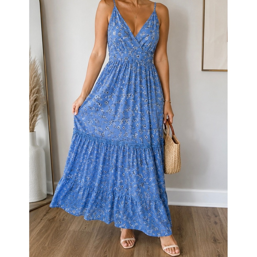 Angie Blue Floral Tiered Maxi Dress Smocked‎ Back Lace Trim Boho Casual chic
